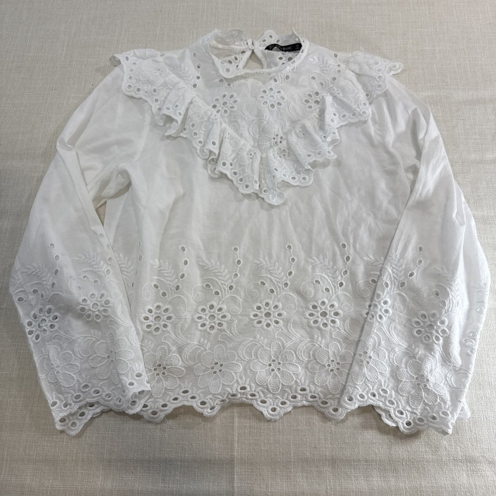 Zara Basic Eyelet Lace Blouse Womens L White Victorian Ruffle Boho Cottagecore - Picture 2 of 11